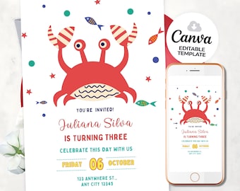 Crab Birthday Invitation, Customizable Beach Party (Digital Download)
