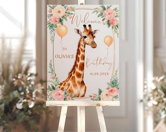 Giraffe verjaardag welkomstbord Giraffe thema verjaardagsfeestje banner dierlijke digitale Instant Download Giraffe afdrukbare welkomstbord banner