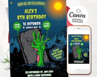 May include: A Halloween party invitation featuring a green zombie hand emerging from a tombstone. The invitation announces "Alex's 8th Birthday" on October 31st. A smartphone shows the same design, with the Canva logo.