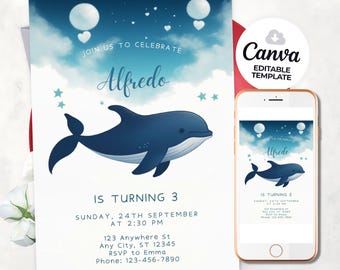 Whale Birthday Invitation Template Kids Ocean Party Invite Under the Sea Theme Editable Canva Printable Whale Birthday Under the Sea Bday