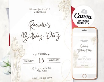 Elegante plantilla de invitación de cumpleaños en oro blanco (descarga digital)