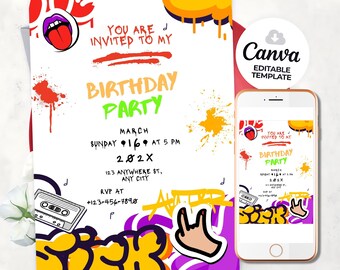 Invitación de cumpleaños con grafiti, pintura en aerosol retro (plantilla de Canva)