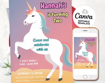 Plantilla de invitación de cumpleaños de unicornio, invitación mágica de arcoíris editable, digital, colorida, para celebración de cumpleaños, invitación para fiesta de princesa rosa arcoíris