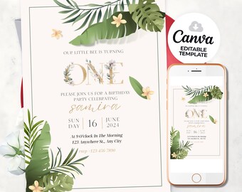 May include: A birthday party invitation with a tropical theme. The invitation features the text "OUR LITTLE BEE IS TURNING ONE" and details for the party. A smartphone displays the invitation. The Canva editable template is also visible.