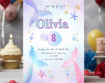 Mermaid Birthday Invitation Mermaid Tail Invitation Birthday Whimsical Mermaid Birthday Party Mermaid Under the Sea Party Editable Canva