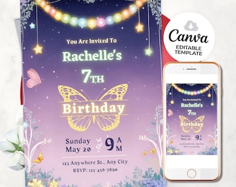 Butterfly Birthday Invitation Girl Butterfly Party Purple Butterfly Birthday Invite Birthday Invitation Editable Canva Template girls party