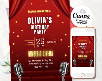 Hollywood Birthday Invitation Card Black & Gold Party Red Carpet Invite Glam Milestone Birthday Luxury Gala Printable Canva digital Template