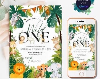 Puede incluir: Una invitación de cumpleaños "Wild One" con ilustraciones de animales de la jungla, incluyendo un león, una jirafa y un elefante. La invitación presenta el texto "Avery Davis is a Wild One" y los detalles del evento. Una invitación a juego se muestra en un smartphone.