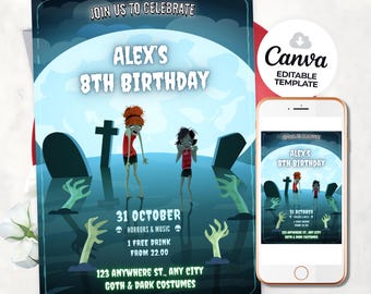 May include: A spooky Halloween party invitation with the text "Alex's 8th Birthday." The design includes cartoon zombies, tombstones, and a full moon. The invitation details the date, time, and location. A smartphone shows the invitation.