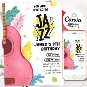 Puede incluir: Una invitación de cumpleaños con una ilustración de guitarra en acuarela rosa. La invitación dice "You are invited to Jazz, James's 9th Birthday, May 17, 2025." Un smartphone muestra el mismo diseño. El logotipo de la plantilla editable de Canva es visible.