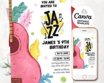Jazz Birthday Invitation Dance Sing Play Party Invitation Editable Music Birthday Invite Rock Star Band Musical Instruments Invite Download
