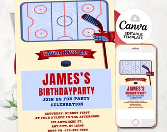 May include: A hockey-themed birthday party invitation featuring a hockey rink graphic, hockey stick, and puck. The invitation includes the text "You're Invited!" and "James's Birthday Party". A smartphone displays the invitation.