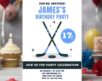May include: A hockey-themed birthday party invitation. The design includes crossed hockey sticks, a puck, and the text "James's Birthday Party." The date, time, and address are also displayed on the invitation.