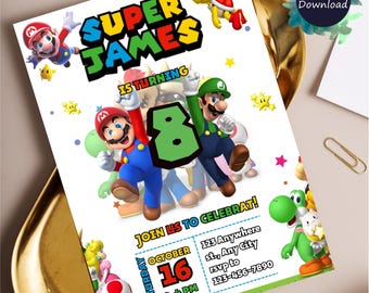 Super mario birthday invitation mario invitation birthday mario bros bday party invite mario Brothers birthday invitations instant download