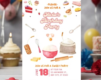 Invito di compleanno per cucinare, modello di invito per festa in cucina, festa di cucina per bambini, ragazza chef, torta, download istantaneo, invito di compleanno, cucinare