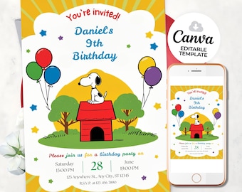 Snoopy birthday invitation Snoopy invitation birthday party dinner invite Printable Kids Birthday Card Digital instant Download girl & boy