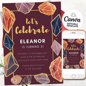 May include: A maroon birthday invitation with gold text and gemstone illustrations. The invitation reads "Let's Celebrate ELEANOR is turning 21." A smartphone displays the same invitation. The Canva logo is visible.