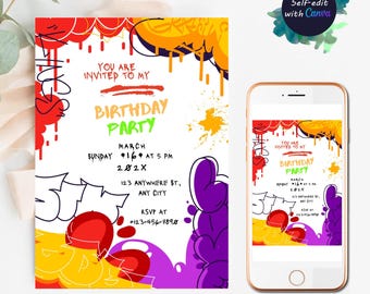 Invitación de cumpleaños con grafiti, invitación a fiesta con pintura en aerosol, fiesta de grafiti retro, invitación de cumpleaños editable, plantilla Canva, descarga instantánea