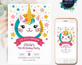 May include: A birthday party invitation with a unicorn cat design. The invitation includes the text "Join us to celebrate Olivia's 7th Birthday Party" with the date and time. A smartphone displays the same design.