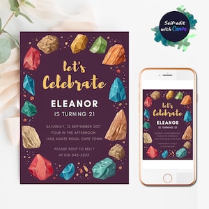 May include: A birthday invitation with a dark purple background, featuring colorful gemstone illustrations. The text "Let's Celebrate ELEANOR IS TURNING 21" is in gold. A smartphone displays the same invitation. The invitation includes date, time, and RSVP details.