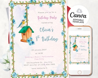 Invitación para baby shower de pájaros Invitación floral para baby shower Baby shower de niña Invitaciones digitales e imprimibles Baby shower de pájaros