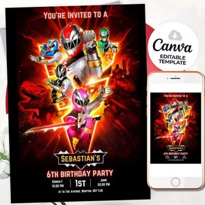 Plantilla de invitación de cumpleaños de los Power Rangers (editable en Canvas)