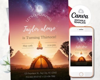 Glamping Birthday Invitation Template, Camp Invite (Digital Download)
