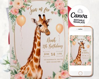 Giraffe Birthday Invitation, Zoo Animal Theme (Digital Download)