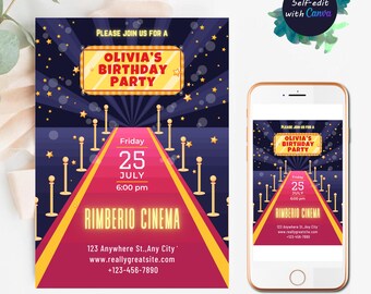 Hollywood Birthday Invitation Card Black & Gold Party Red Carpet Invite Glam Milestone Birthday Luxury Gala Printable Canva digital Template