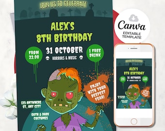 May include: A Halloween party invitation featuring a cartoon zombie. The invitation includes the text "Alex's 8th Birthday" and event details. A smartphone displays the invitation. The Canva logo is visible.