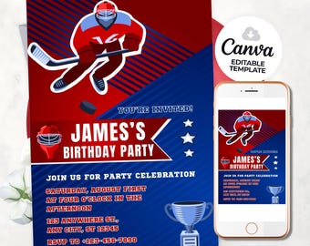 Hockey Birthday Party Invitation, Editable Canva Template (Digital)