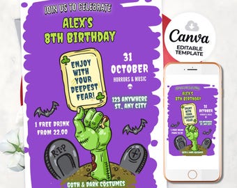 May include: A Halloween-themed invitation with a purple background, featuring a green zombie hand holding a sign that reads "Enjoy with your deepest fear!" The invitation is for Alex's 8th birthday on October 31st, with the text "Goth & Dark Costumes". A smartphone displays the same design.