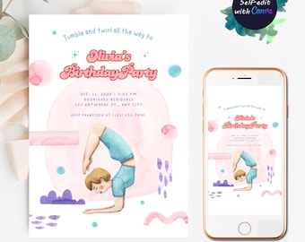 Invitación de cumpleaños de gimnasia. Plantilla editable para fiesta de gimnasia. Invitación de cumpleaños para niños y niñas gimnastas. Descarga instantánea.