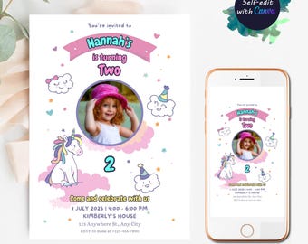 Plantilla de invitación de cumpleaños de unicornio, invitación mágica de arcoíris editable, digital, colorida, para celebración de cumpleaños, invitación para fiesta de princesa rosa arcoíris