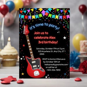 May include: Black invitation featuring a red electric guitar illustration. The text reads "It's time to party!" and invites guests to celebrate Alex's 3rd birthday. Includes date, time, location, and RSVP details.
