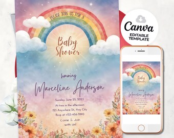 Rainbow Baby Shower Invitation Template Instant Download 5x7 Card Colorful Vibrant Rainbow Editable on Canva With Boho Flower baby Shoer