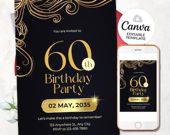 Invitación de cumpleaños elegante para mujer, minimalista, negra y dorada. Plantilla editable. Descarga instantánea.