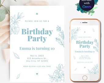 Floral Bridal Shower Invite Blue Bridal Shower Invitation Template Editable Blue Winter Wonderland Digital instant Download Invites Invites