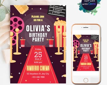 Hollywood Birthday Invitation Card Black & Gold Party Red Carpet Invite Glam Milestone Birthday Luxury Gala Printable Canva digital Template
