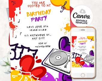 Invitación de cumpleaños con grafiti, diseño retro de pintura en aerosol (plantilla de Canva)