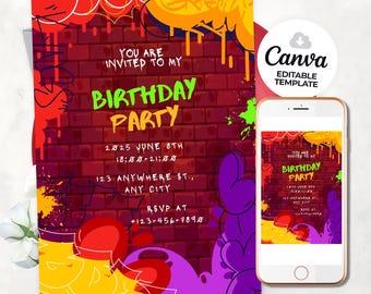 Invitación de cumpleaños con grafiti, invitación a fiesta con pintura en aerosol, fiesta de grafiti retro, invitación de cumpleaños editable, plantilla Canva, descarga instantánea
