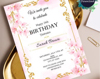 Pink Floral Wedding Invitation Set,Printable Wedding Invite,Digital Download,Printable Invitation,Garden Wedding,Botanical Weddin