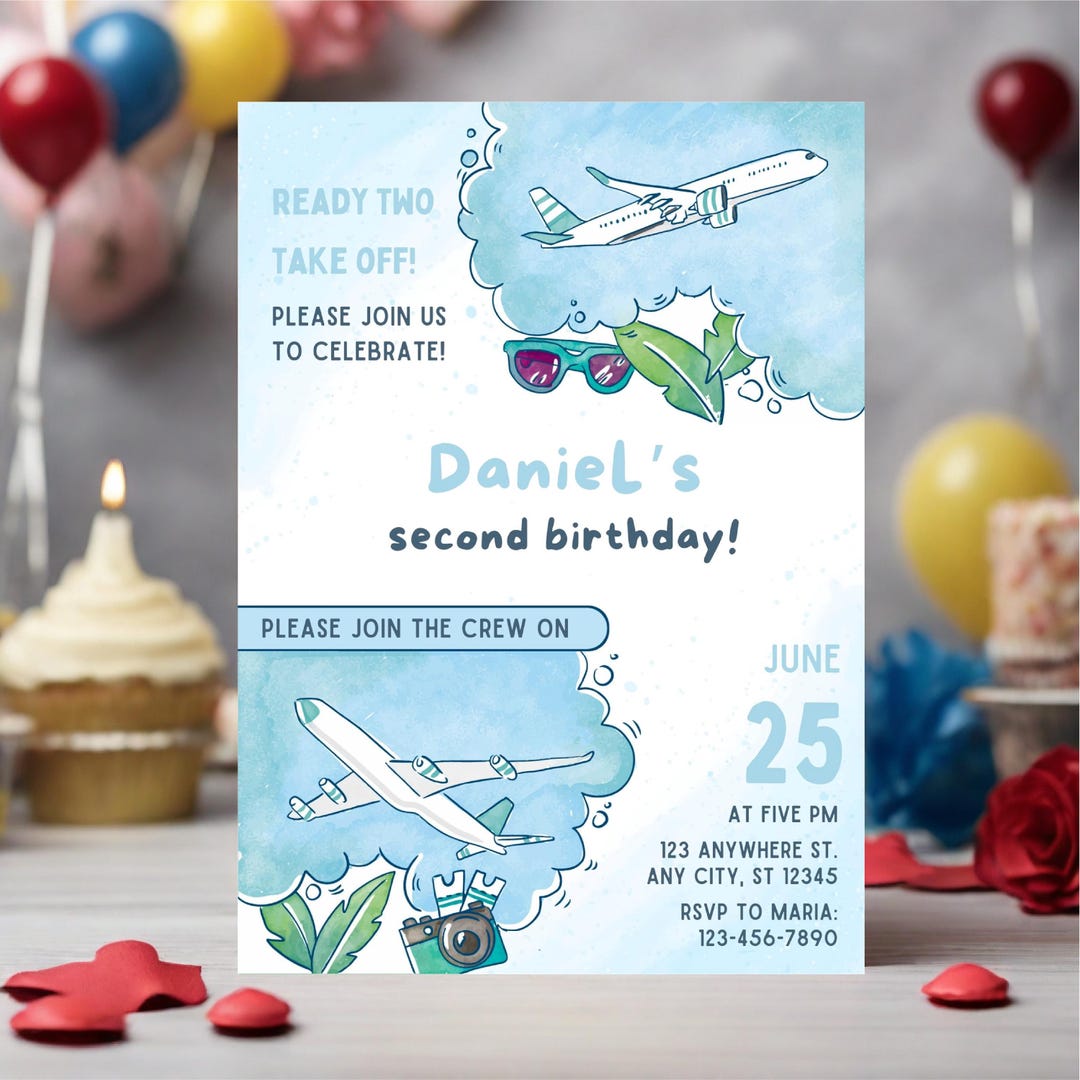 Take Flight Invite Plane Birthday Invitation Time Two Take off Boy Airplane Birthday ...
