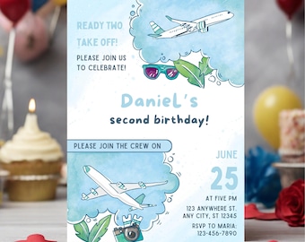 May include: A light blue birthday invitation with airplane illustrations and the text "Ready Two Take Off!" and "Daniel's second birthday!" Includes date, time, and RSVP information. Features sunglasses and tropical leaves.