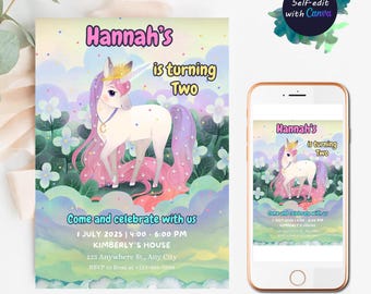 Plantilla de invitación de cumpleaños de unicornio, invitación mágica de arcoíris editable, digital, colorida, para celebración de cumpleaños, invitación para fiesta de princesa rosa arcoíris