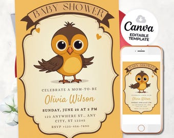 Invitación para baby shower con diseño de pájaros y flores (digital e imprimible)