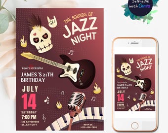 Jazz Birthday Invitation Dance Sing Play Party Invitation Editable Music Birthday Invite Rock Star Band Musical Instruments Invite Download
