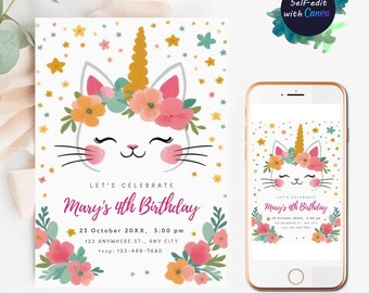 Invitación de cumpleaños de gatito unicornio Invitación de gato Cumpleaños de caticorn Cumpleaños de caticorn Invitaciones de caticorn Invitación de gatito unicornio Kittycorn
