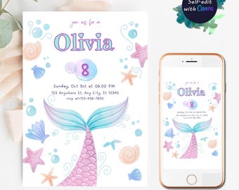 Mermaid Tail Birthday Invitation Mermaid Invitation Birthday Whimsical Mermaid Birthday Party Mermaid Under the Sea Party Editable Canva