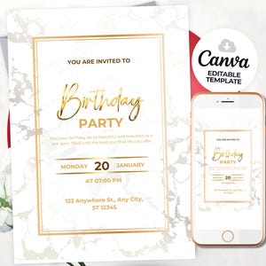 Peut inclure: Une invitation d'anniversaire avec un fond marbré et des accents dorés. Le texte dit "YOU ARE INVITED TO Birthday PARTY" en écriture élégante. Un smartphone affiche l'invitation. Le modèle modifiable Canva est également visible.